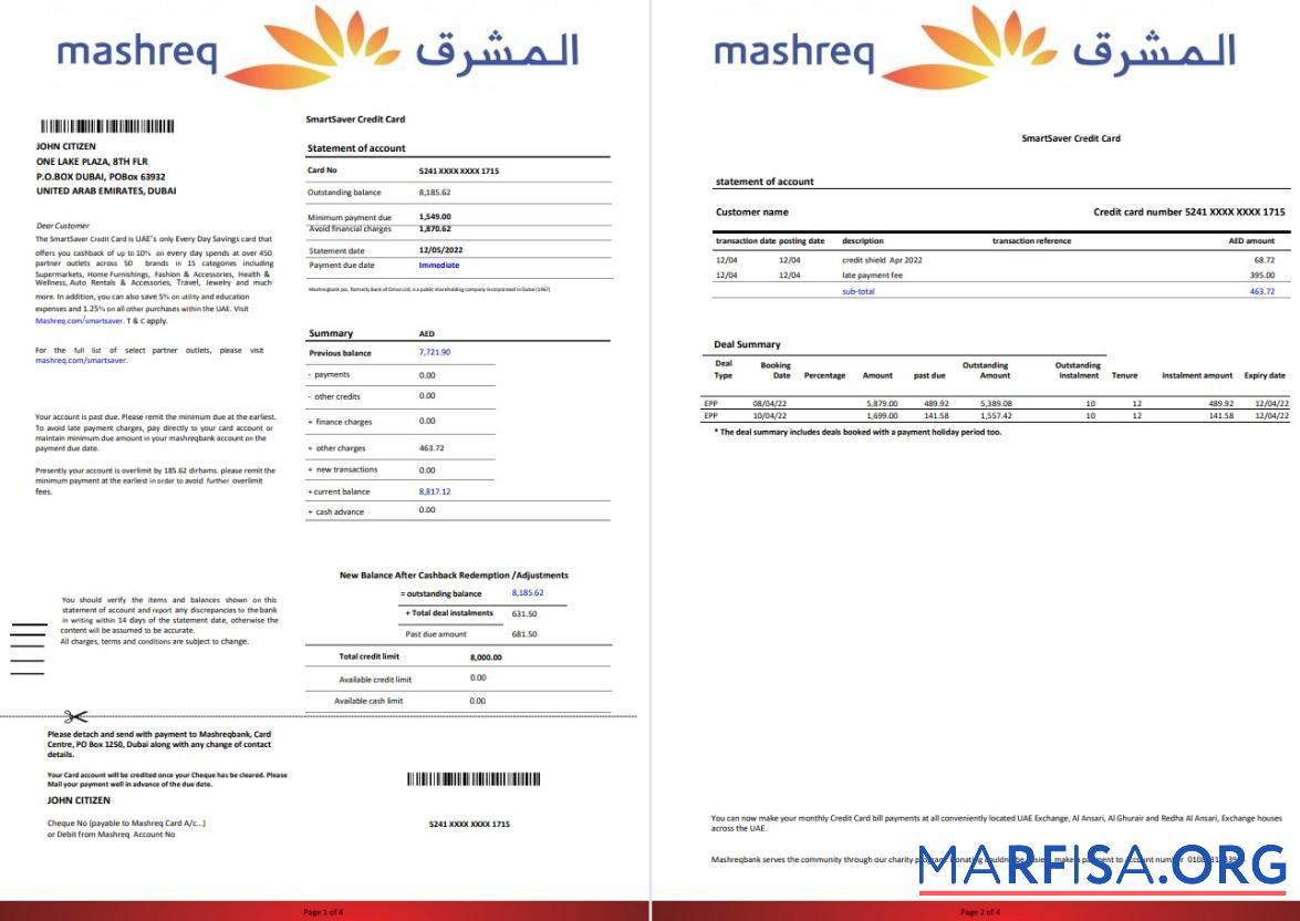 Blank UAE Mashreq bank statement word 4 pages template